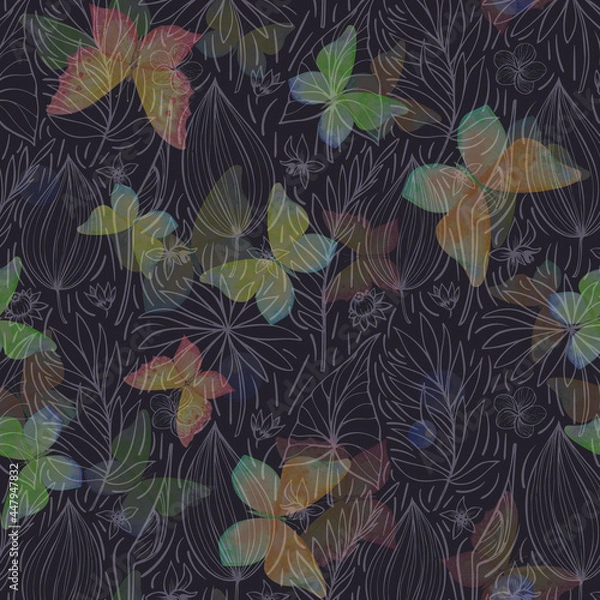 Fototapeta Seamless pattern of beautiful butterflies illustration on black background