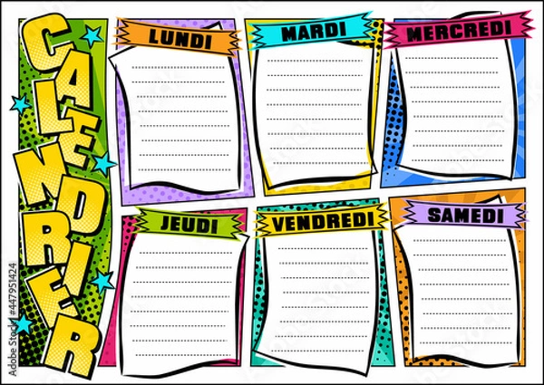 Obraz French Comic template of a school schedule for 6 days of the week. Cartoon Blank for a list of school subjects. Transaltion: Timetable, Monday, Tuesday, Wednesday, Thursday, Friday. Vector popart