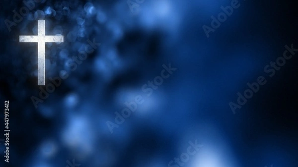 Fototapeta Christian Cross on Horizontal blue bokeh banner background with copy space. 3D illustration for social media online worship live stream church prayer on Feast of Mary, and the Immaculate Conception.