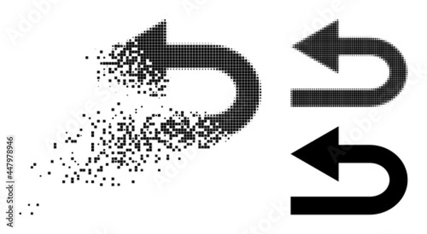 Fototapeta Dissipated dot turn left pictogram with wind effect, and halftone vector pictogram. Pixelated erosion effect for turn left gives speed and movement of cyberspace items.