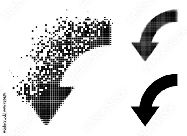 Obraz Dispersed pixelated rotate down pictogram with wind effect, and halftone vector icon. Pixelated dispersing effect for rotate down gives speed and motion of cyberspace objects.