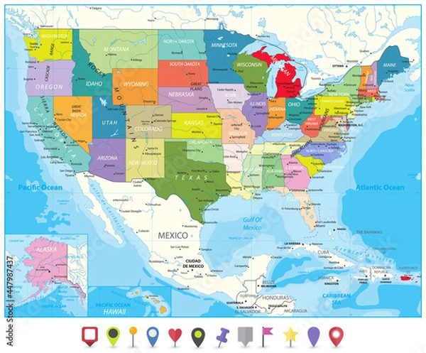 Obraz Political Map of USA and Flat Map Pointers