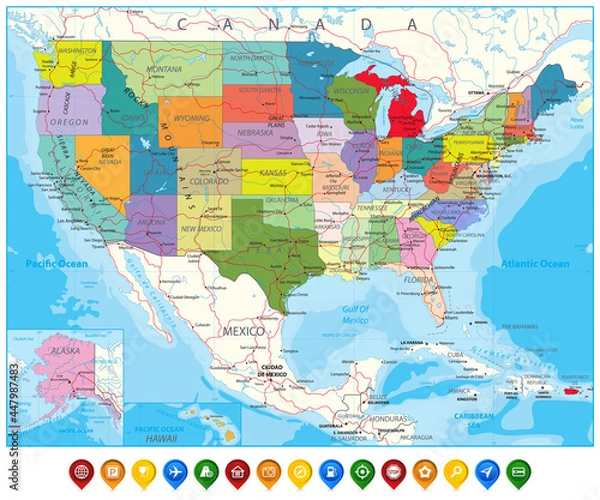 Obraz USA Political Road Map and map pointers