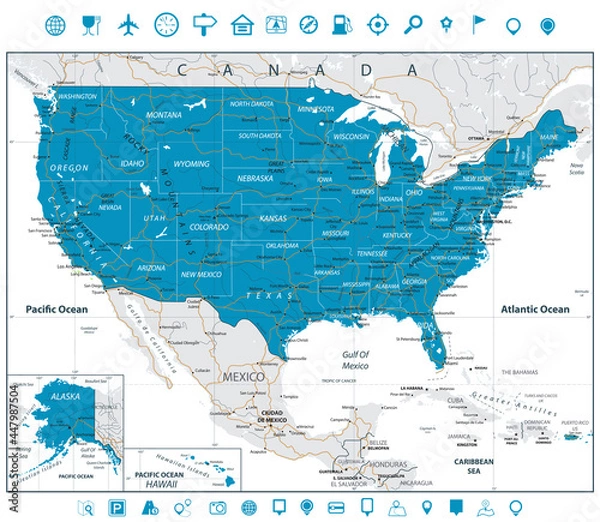 Obraz USA Road Map and line navigation icons