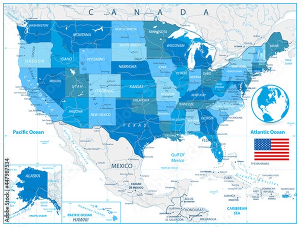 Obraz USA Road Map in colors of blue