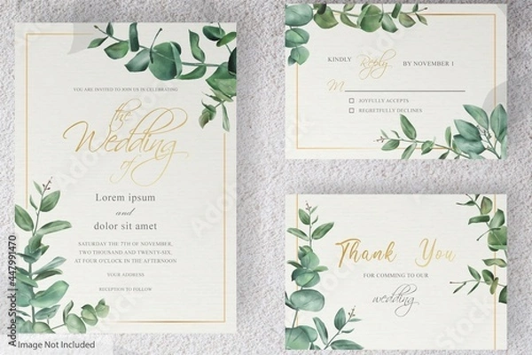 Fototapeta set of greenery wedding invitation card template design of eucalyptus leaves