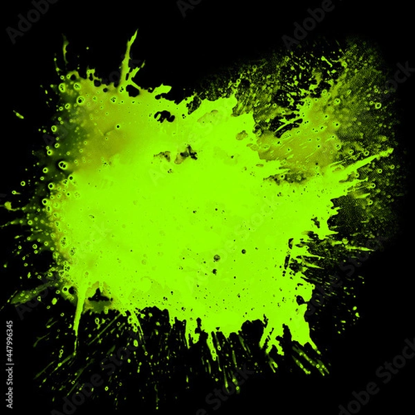 Obraz Neon Yellow Green Paint Splatter on Black. Grunge Ink Explosion Effect.
