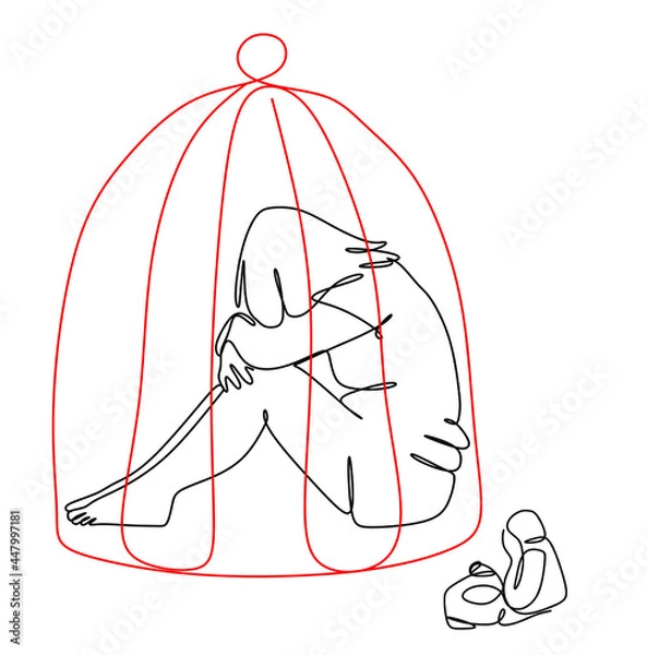 Fototapeta a continuous drawing of a little girl locked in an iron cage. Restriction of the rights of the child, The concept of violence in the family of children, the concept of the psychology of education