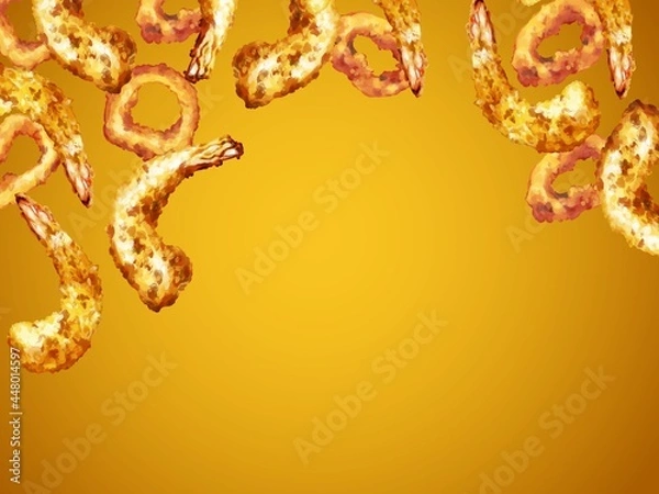 Fototapeta 厚塗り水彩のシーフードフライイラスト・上フレーム・金