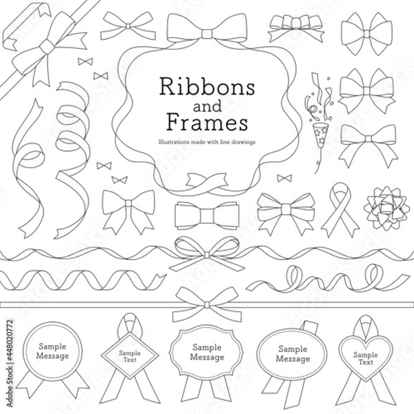 Fototapeta リボンとフレームのモダンでかわいい線画イラストセット / モノクロ / バリエーションあり