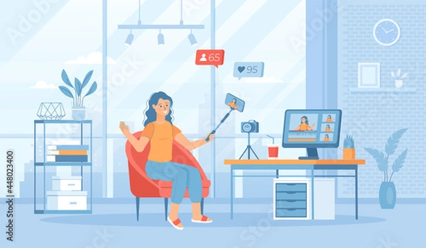 Fototapeta Video blogging, broadcasting, live streaming. Young woman shoots video on phone using selfie stick. Flat cartoon vector illustration with people characters for banner, website design or landing page.