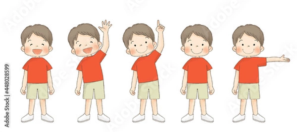 Obraz 夏服の子供セット（男の子、赤いTシャツ、正面全身）