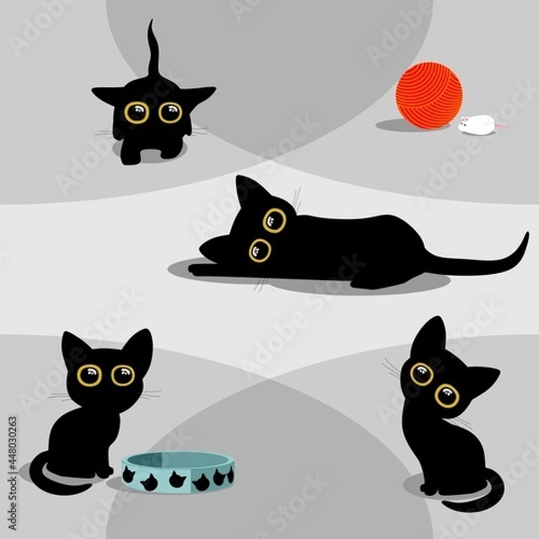 Fototapeta seamless pattern - cute, funny, cartoon character - kitten, vector, illustration