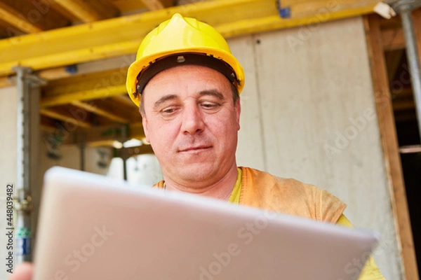 Obraz Bauarbeiter als Vorarbeiter schaut auf Tablet Computer