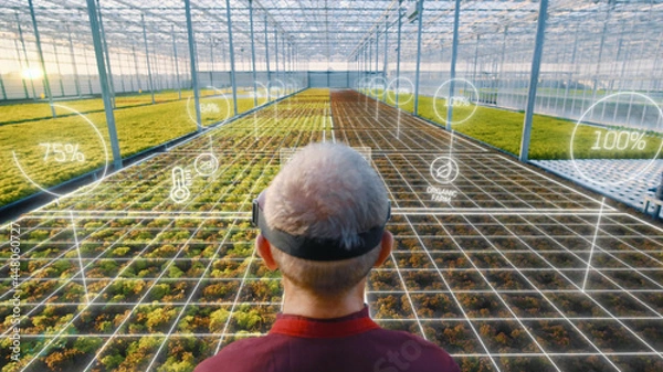 Obraz Back view of adult man farmer with VR glasses checking harvest in modern sunny greenhouse. Farming business. Healthy nutrition. Eco-friendly organic gardening system. Futuristic technology innovation.