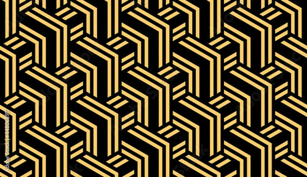 Fototapeta Abstract geometric pattern with stripes, lines. Seamless vector background. Gold and black ornament. Simple lattice graphic design