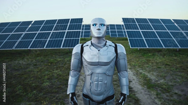 Obraz Artificial intelligence. Portrait of cybernetic robot man standing near modern solar battery outside looking up the sky. Cyborg working online on station. Futuristic engineer checking the process.
