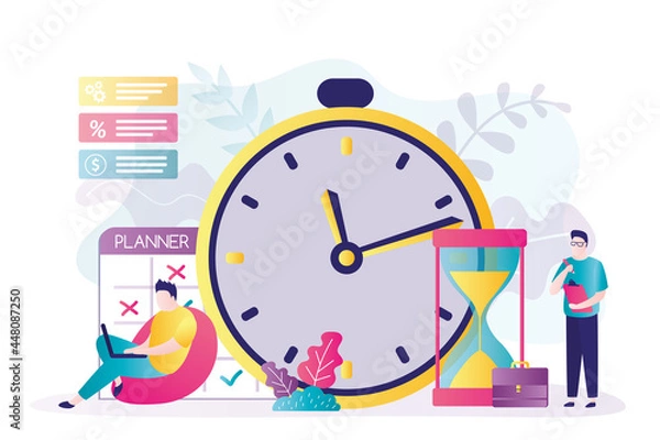 Fototapeta Male characters planning a schedule. Businessman writes to-do list into planner. Concept of time management and self-discipline