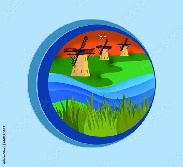 Fototapeta Windmills in the Netherlands, nature, landscape with river, vector illustration