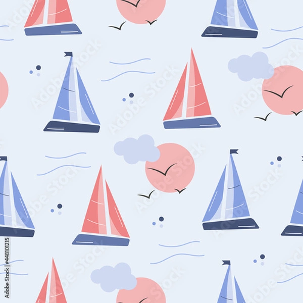 Fototapeta Sailboat, sun and seagull seamless pattern on blue background