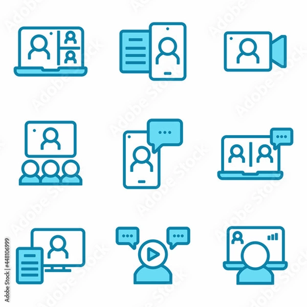Fototapeta Video conference related vector icons. Contains such icons as video call, laptop, meeting, conference call, chat and more. Virtual vector and collection.