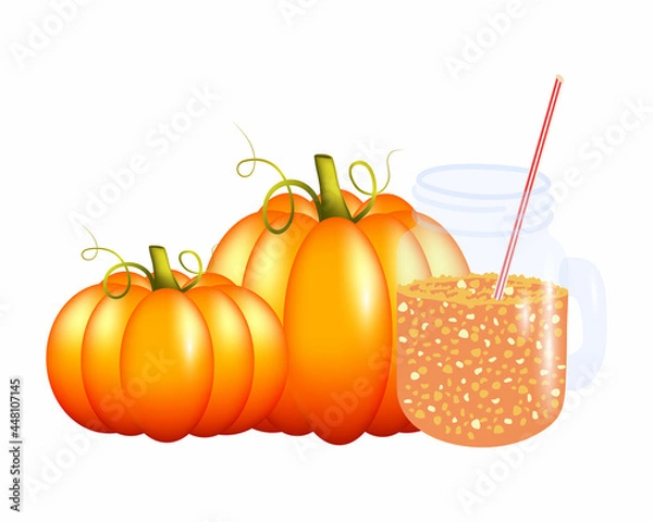 Obraz Ripe orange cute pumpkins and pumpkin fresh juice in a glass jar with a handle and straws. Glass with pumpkin juice isolated on a white background. Vector illustration.