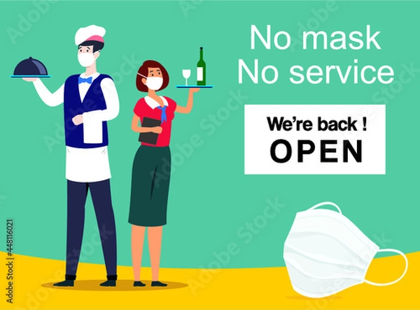 Fototapeta No mask no service.  A male waiter and a female waitress in a face mask hold a tray in his hand. Restaurant customers service The threat of a pandemic COVID-19. 