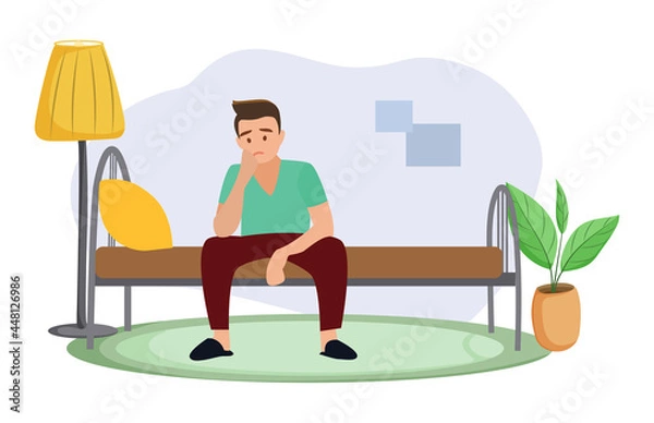 Obraz Tired man sits in his bed in the morning. Vector illustration.