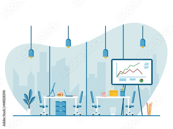 Fototapeta Workplace and work station flat design, Concept of working desk or office interior with furniture. Modern office room with computer, table and equipment. Work from home illustration.