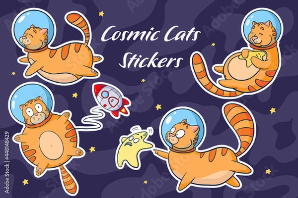 Fototapeta Cosmic Cats Cartoon Stickers Set. Collection of cute animals in space isolated vector illustrations. Funny cats astronauts for logo, nursery decor, sticker, print, background, game design