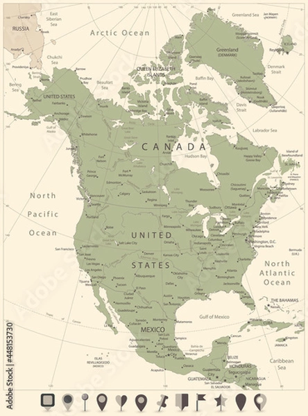 Obraz North America Map Olive Color and flat map icons