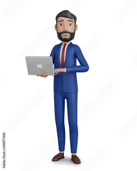 Fototapeta 3d character. Businessman standing working on laptop 