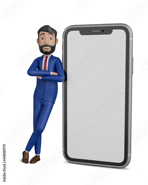 Obraz 3d character. Businessman leaning on the cell phone 