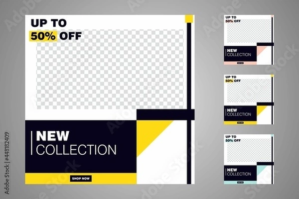 Fototapeta New set of editable minimal banner templates. Suitable for social media posts and web or internet ads. Vector illustration with photo college.