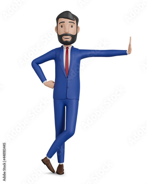 Obraz 3d character. Businessman leaning on emptiness 