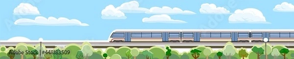 Fototapeta High-speed train on the bridge. Suburban transport. Railway with a locomotive. Forest. Modern outdoor landscape. Cityscape with the road. Flat style design. Vector