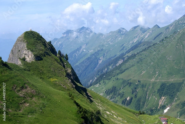 Fototapeta Panoramic view of ridge at mountain Brienzer Rothorn at Bernese Highland on a beautiful sunny summer day. Photo taken July 21st, Flühli, Switzerland.