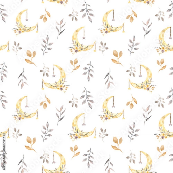 Fototapeta Seamless pattern on a white background with the moon, stars and flora elements. Design for backgrounds, fabrics, paper, etc.