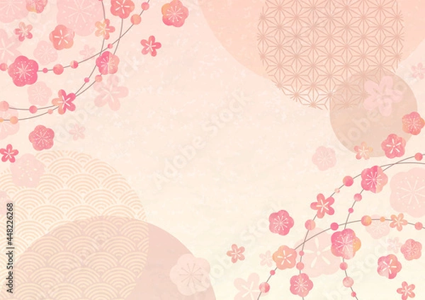 Fototapeta Japanese background with plum and traditional pattern