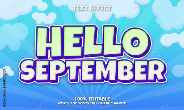 Fototapeta Hello september sticker, cute cartoon text effect.