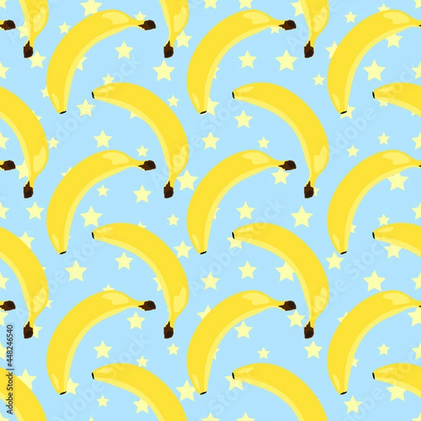 Fototapeta Yellow exotic fruits bananas on a blue background with stars seamless pattern. Vector illustration