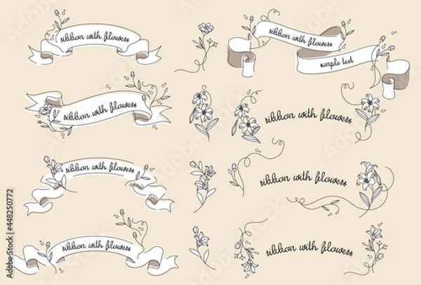 Obraz 手描きの線画のリボンと花とフレーム枠のベクターイラスト素材セット