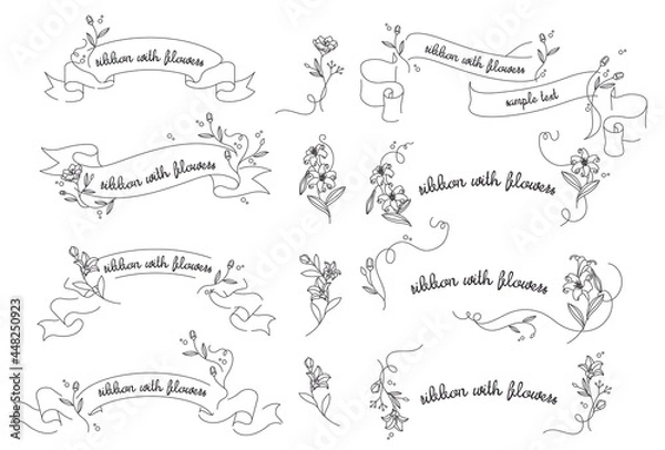 Obraz 手描きの線画のリボンと花とフレーム枠のベクターイラスト素材セット