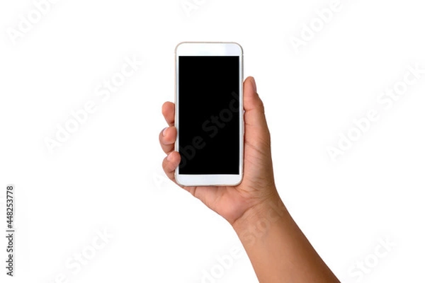 Fototapeta The hand is holding the white screen, the mobile phone is isolated on a white background