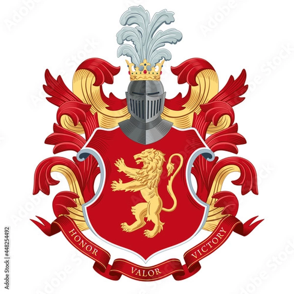 Obraz Family coat of arms. Golden lion on a heraldic red shield. Vector graphics