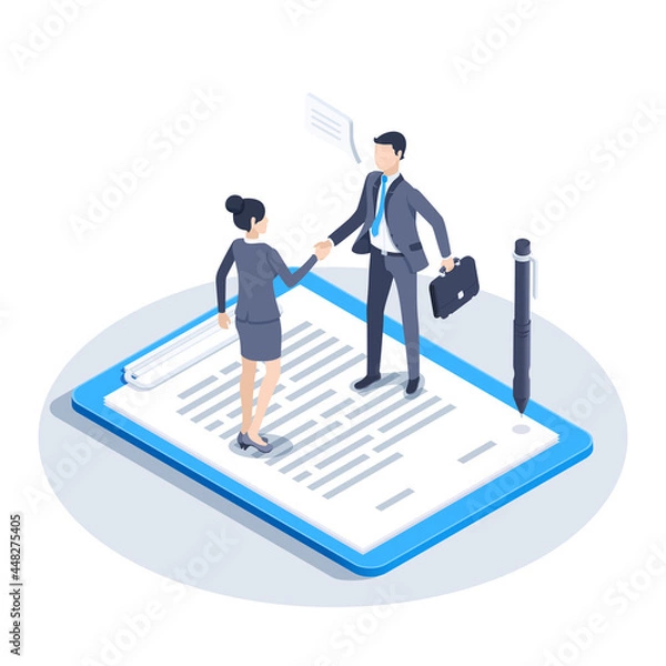 Fototapeta isometric vector illustration isolated on white background, man and woman in business suits shake hands while standing on a tablet with a document, agreement in business and conclusion of a contract