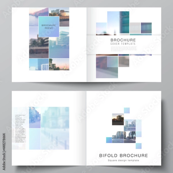 Fototapeta Vector layout of two covers templates for square bifold brochure, flyer, magazine, cover design, book design, brochure cover. Abstract design project in geometric style with blue squares.