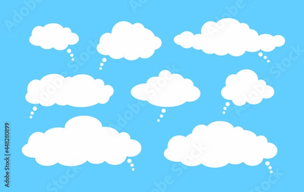 Fototapeta Vector Set of Thought Comic Clouds, Flat Design Elements, White Frames on Sky Blue Background.
