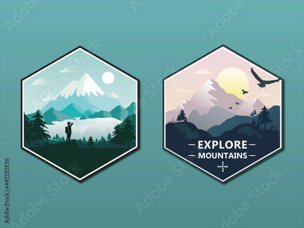 Fototapeta Mountains, birds, travel. Explore mountains. Silhouette of a tourist with a backpack. The traveler looks at the mountains, lake and forests. Hexagon frame