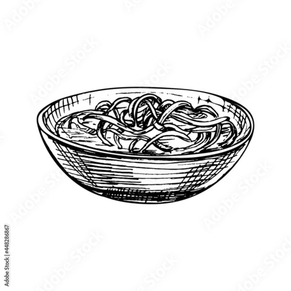 Obraz Noodle soup in plate. Vintage vector hatching hand drawn illustration isolated